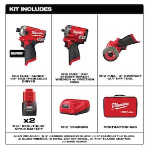 M12 FUEL SURGE 12V Lithium-Ion Brushless Cordless 1/4" Hex Impact Driver Kit w/M12 FUEL Impact Wrench & Cutoff Saw