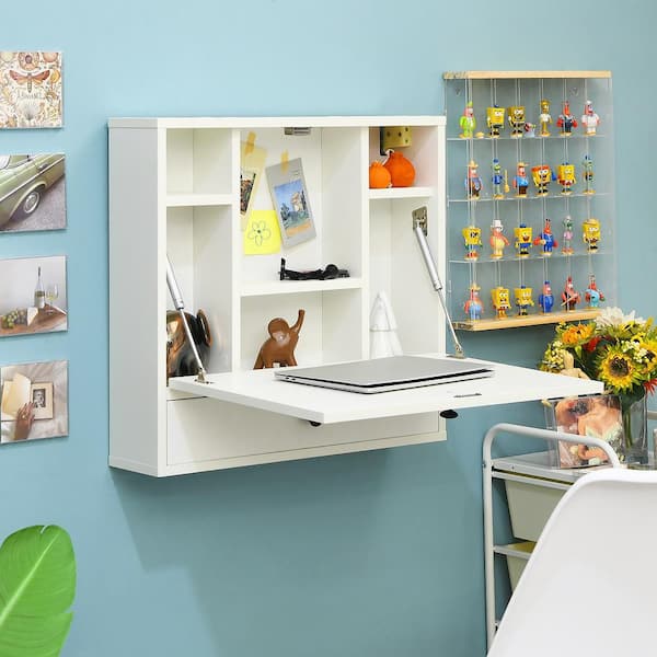 24 in. Wall-Mount White Floating 0 Drawer Secretary Desk with Foldable Space Saving Laptop Workstation