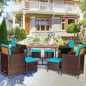 9 Piece Wicker Outdoor Dining Set Patio Conversation Furniture with Removable Turquoise Cushions