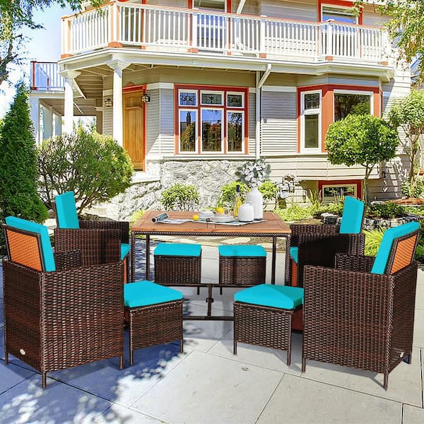 9 Piece Wicker Outdoor Dining Set Patio Conversation Furniture with Removable Turquoise Cushions