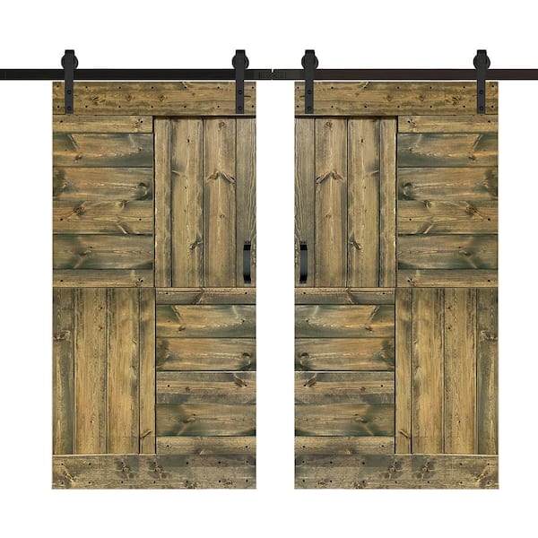 ISLIFE S Series 84 in. x 84 in. Aged Barrel Finished DIY Solid Wood Double Sliding Barn Door with Hardware Kit