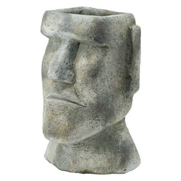 6.5 x 5.5 x 11 in. Easter Island Cement Planter with Stony Gaze and Strong Facial Features, Gray