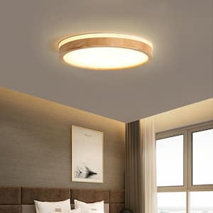 Lumin 11.8 in. 1-Light Wood and White Finish Smart LED Flush Mount with Remote Control and Oak Round Shaded
