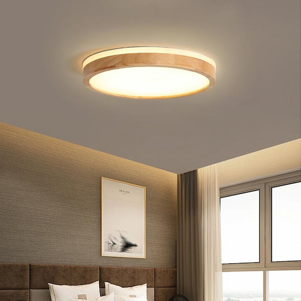 Lumin 11.8 in. 1-Light Wood and White Finish Dimmable Integrated LED Flush Mount for Bedroom Kitchen Living Dining Room