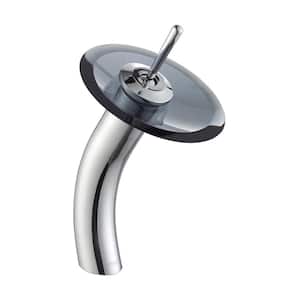Single Hole Single-Handle Low-Arc Glass Waterfall Vessel Bathroom Faucet in Chrome with Glass Disk in Gray Clear