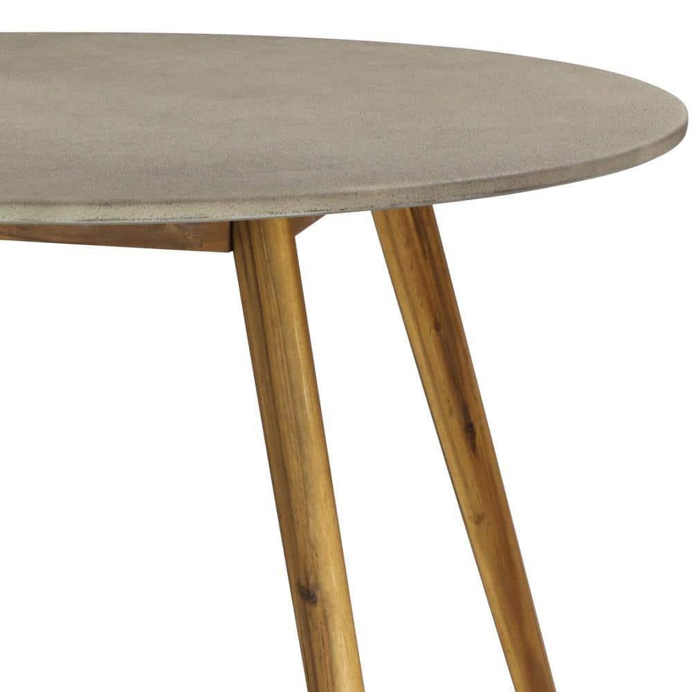 Gray Polycement Top Round Outdoor Dining Table with Acacia Wood Legs
