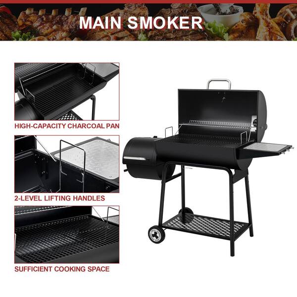 30 in. Smoker Black Barrel Charcoal Grill with Offset Smoker with Cover For  Outdoor, Backyard Cooking