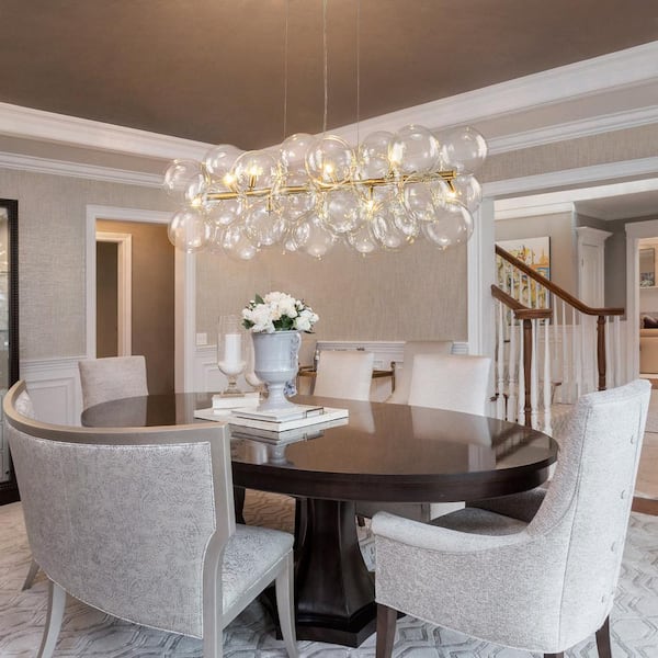 Dvorakova 42.13 in. 10-Light Brass Linear Bubble Cluster Chandelier with Globe Glass Shades for Dining Room