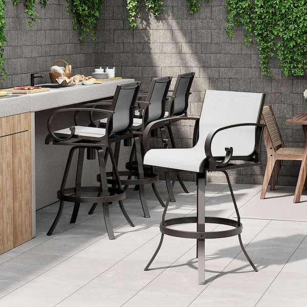 Patio Swivel Aluminum Outdoor Bar Stool in Augustine Oyster Sunbrella Textilene Fabric (4-Pack)