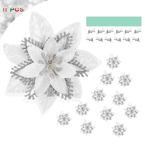 5.5 in. Artificial Poinsettia Christmas Tree Centerpiece Ornaments Decorations, Silver (12-Pack)