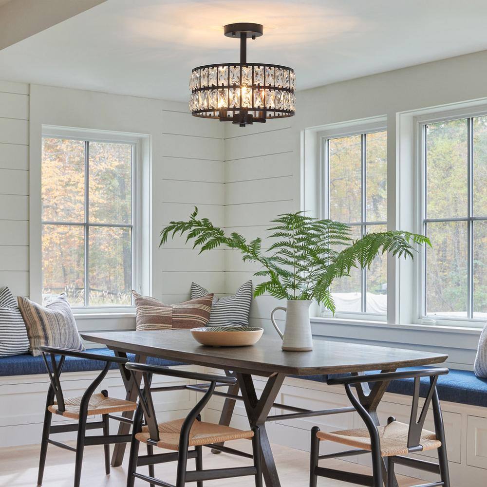 Black Metal and Crystal Drum Semi-Flush Mount Ceiling Light