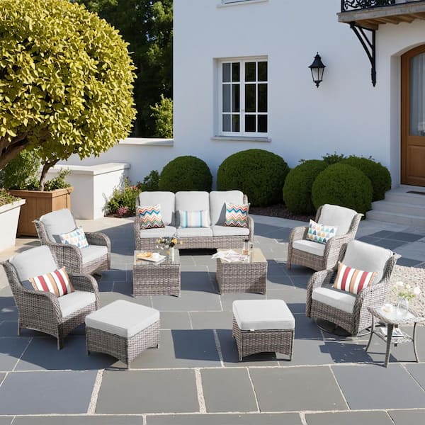 OVIOS Joyoung Gray 10-Piece Wicker Outdoor Patio Conversation Seating Set with Gray Cushions and Swivel Rocking Chairs