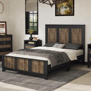 Farmhouse Black Wood Frame Full Size Platform Bed with Wooden Strip Decoration, Extra Support Legs