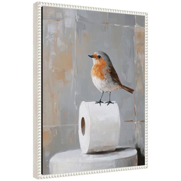 Sylvie "Bird Standing Bathroom Art" by The Creative Bunch Studio Beaded White Framed Art Print 18 in. x 24 in.