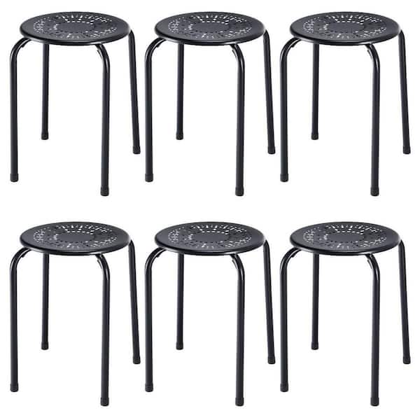 Boyel Living 17.5 in. 6-Piece Stackable Multifunctional Daisy Design Black Backless Round Metal Stool Set