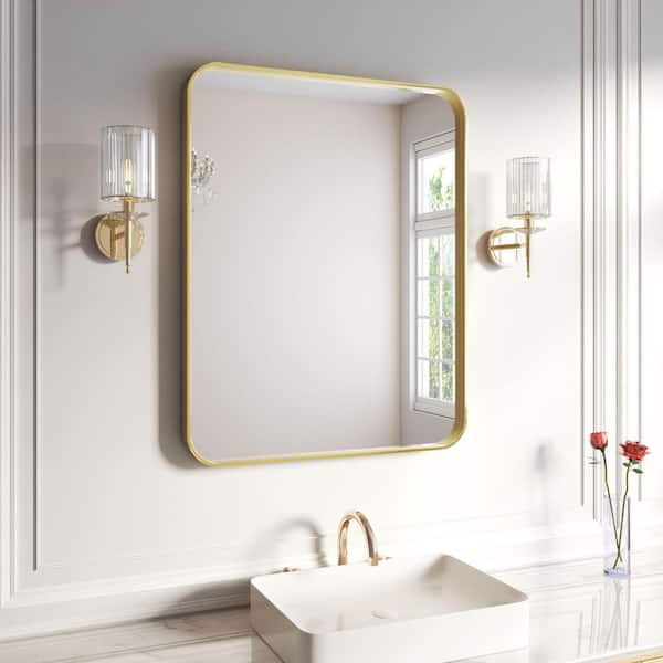 32 in. W x 40 in. H Rectangular Aluminum Framed Wall Bathroom Vanity Wall Mount Mirror in Gold