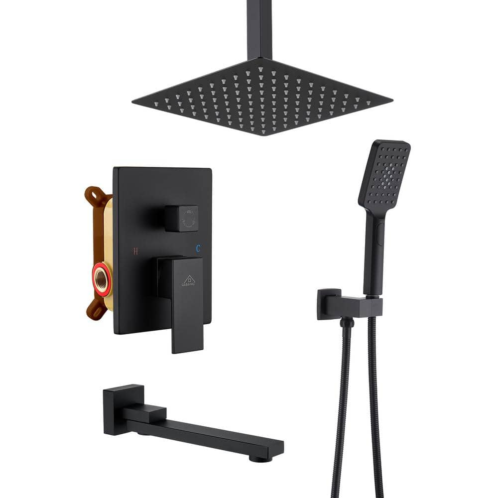 Mondawe 3-Spray 10 in. Square Ceiling Mount 1.8 GPM Fixed Dual Shower Heads with Handheld Shower Head and Spout in Matte Black