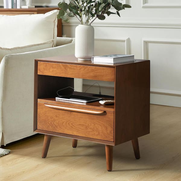 Galena Acorn Mid-Century Modern 2-Drawer Nightstand with Built-in Outlets