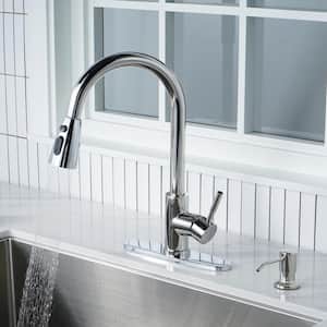 Single Handle Pull Out Sprayer Kitchen Faucet Deckplate and Soap Dispenser Included in Polished Chrome