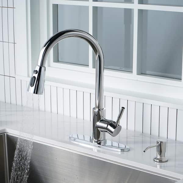 Stainless Steel Single Handle Pull Down Sprayer Kitchen Faucet with 3-Mode Spray, Soap Dispenser in Polished Chrome