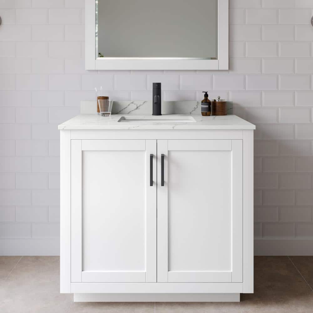 Miranda 36 in. W x 22 in. D x 33.75 in. H Single Bath Vanity in White with Giotto Quartz Top and 34 in. Mirror price history on PriceWatchPro