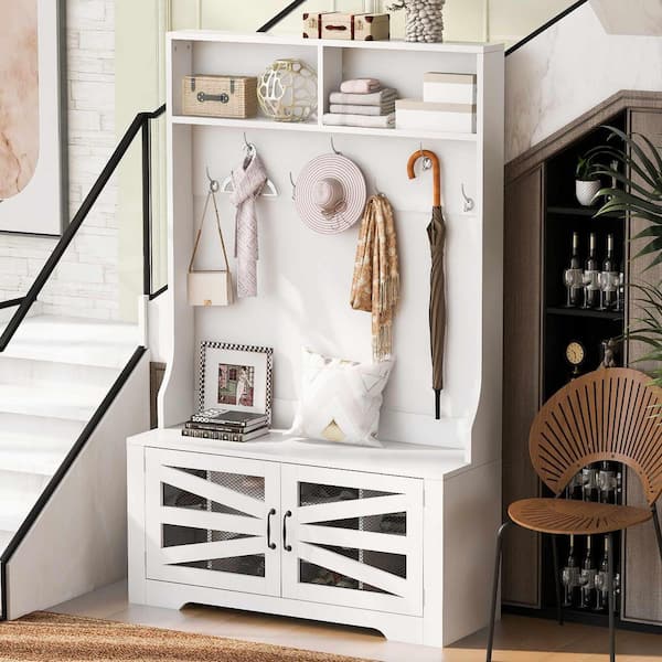 43.3 in. Entryway Bench with Coat Rack, 3-in-1 Design and Adjustable Shelves, 7-Hooks for Entrance, Living Room, White