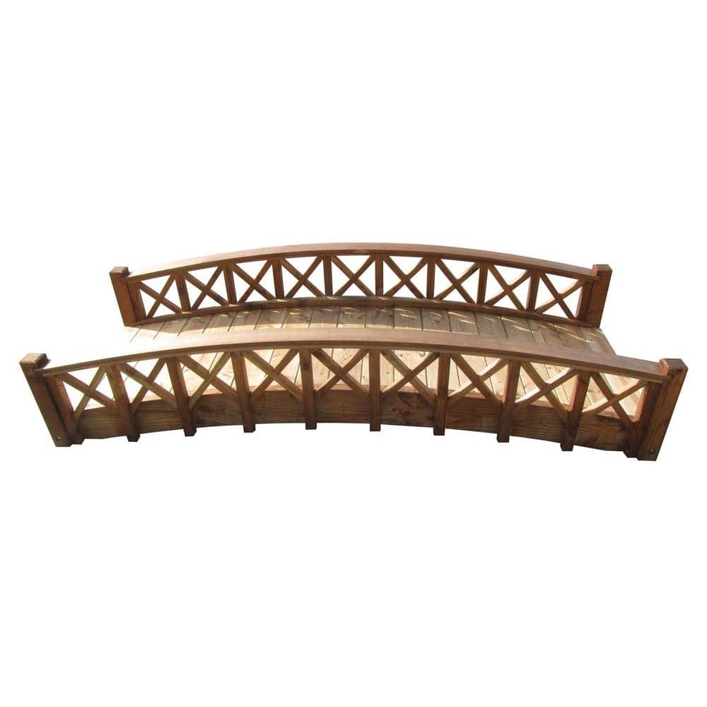Gracefully Arched Wooden Garden Bridge with Lattice Railing