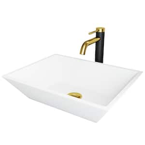 Matte Stone Vinca Composite Rectangular Vessel Bathroom Sink in White with Faucet and Pop-Up Drain in Matte Gold