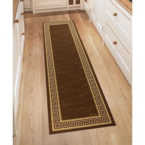 Meander Printed Design Brown Color 23 " Width x 7' Your Choice Length Slip Resistant Rubber Stair Runner Rug