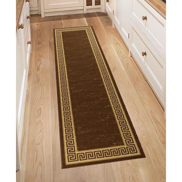 Meander Printed Design Brown Color 23 " Width x 7' Your Choice Length Slip Resistant Rubber Stair Runner Rug