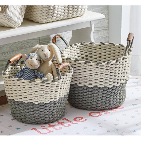 Tag Chunky Gray and White Knit Cotton Cord Basket (Set of 2)