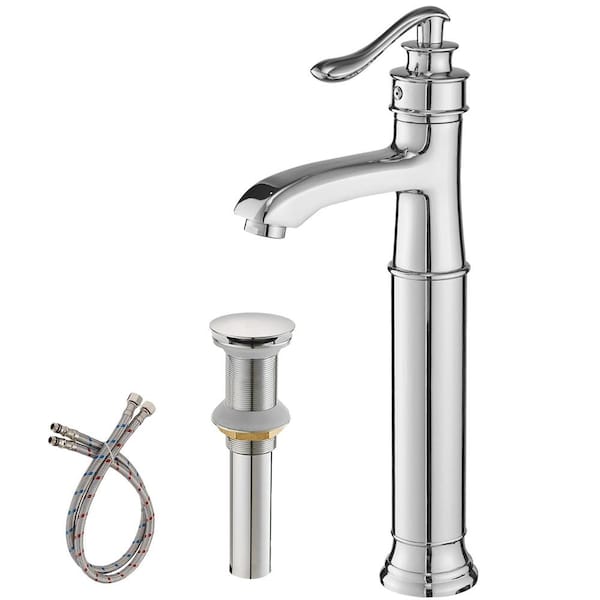 Unbranded Single Handle Bathroom Vessel Sink Faucet with Pop-Up Drain Brass 1 Hole High Tall Bathroom Faucets in Polished Chrome