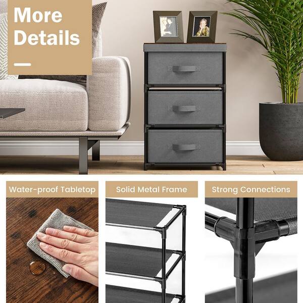 Gymax Grey and Rustic Brown 3-Drawers 12 in. W Nightstand
