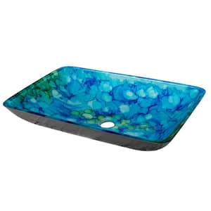 Water Lilies Glass Rectangular Vessel Sink in Blue and Green
