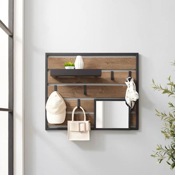 Walker Edison Furniture Company Knotty Driftwood/Black Wood and Metal Industrial Wall Organizer with Hooks