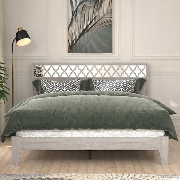 GALANO Aideliz Dusty Gray Oak Wood Frame Queen Platform Bed With Headboard