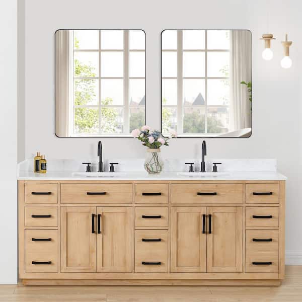 Gavino 84 in.W x 22 in.D x 34 in.H Bath Vanity in Light Brown with Grain White Composite Stone Top and Mirror