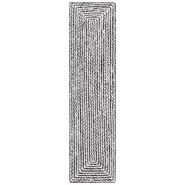 SAFAVIEH Braided Black Ivory 2 ft. x 9 ft. Abstract Striped Runner Rug