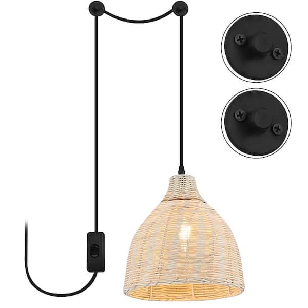 Industrial 10.24 in. 1 Light Plug in Bamboo Shade Chandelier Pendant Light with 2 Bases and Switch, Adjustable Height