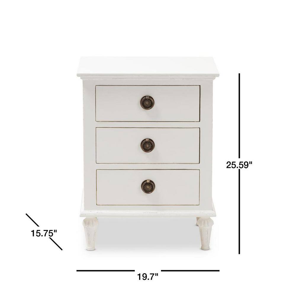 White Cedar 3-Drawer Nightstand with Tapered Legs