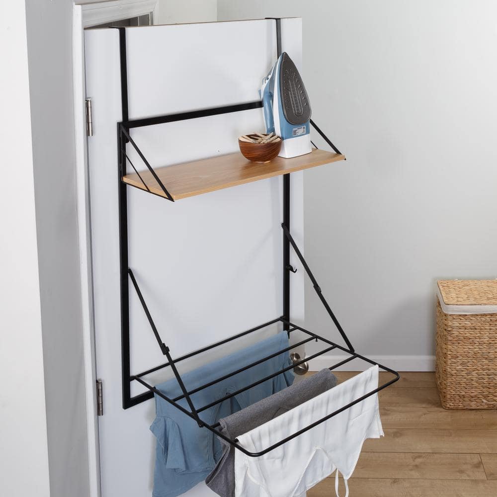 Black and Maple Wall-Mounted Folding Drying Rack with Shelf