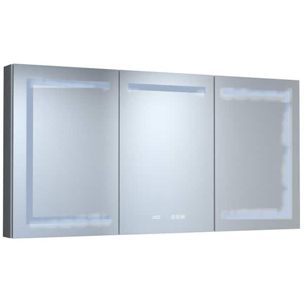 60 in. W x 30 in. H Rectangular Silver Aluminum Recessed/Surface Mount Medicine Cabinet with Mirror, LED and Clock