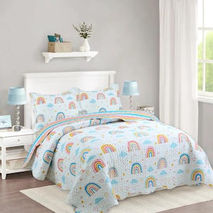 A82 Blue Rainbow Full Size Polyester Quilt Bedspread Set Throw Blanket