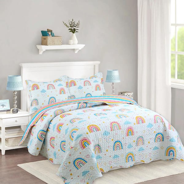 MarCielo A82 Blue Rainbow Full Size Polyester Quilt Bedspread Set Throw Blanket