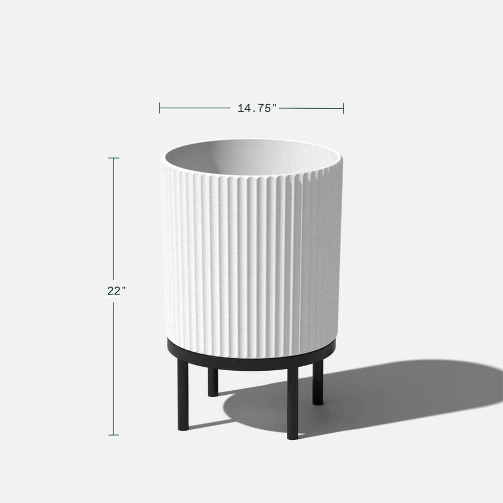 White and Black Concrete-Composite Planter with Acacia Stand, 16" - Set of 2