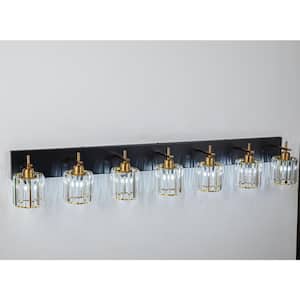 Orillia 51.2 in. 7-Light Black and Gold Bathroom Vanity Light with Crystal Shade Wall Sconce Over Mirror