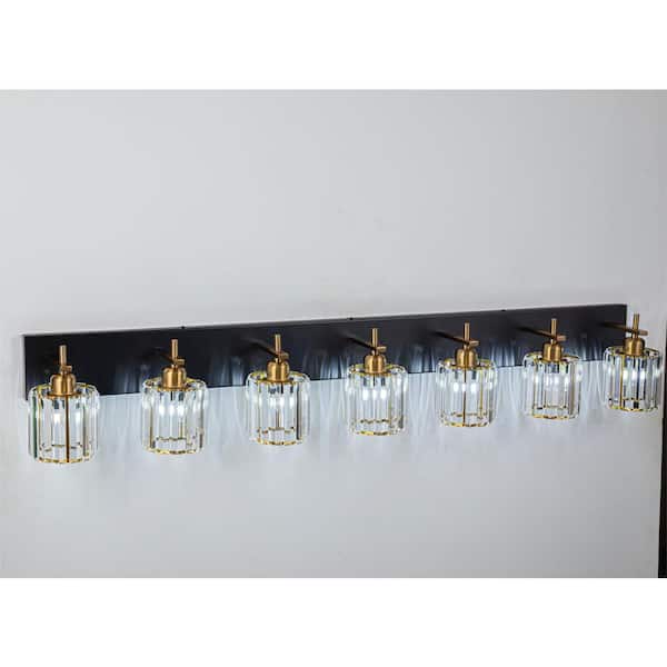 EDISLIVE Orillia 51.2 in. 7-Light Black and Gold Bathroom Vanity Light with Crystal Shade Wall Sconce Over Mirror