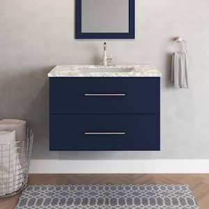 Napa 36 in. W x 22 in. D Single Sink Bathroom Vanity Wall Mounted In Navy Blue With Carrera Marble Countertop