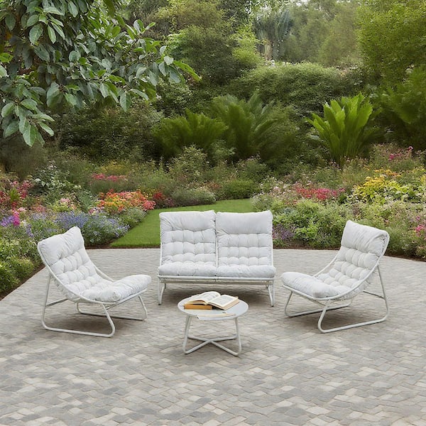 4-Piece Outdoor Patio Metal Conversation Set with Charcoal Beige Cushions and Coffee Table