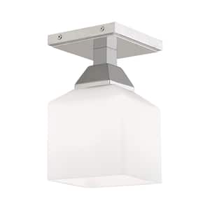 Lansford 4.75 in. 1-Light Polished Chrome Semi Flush Mount with Satin Opal White Glass